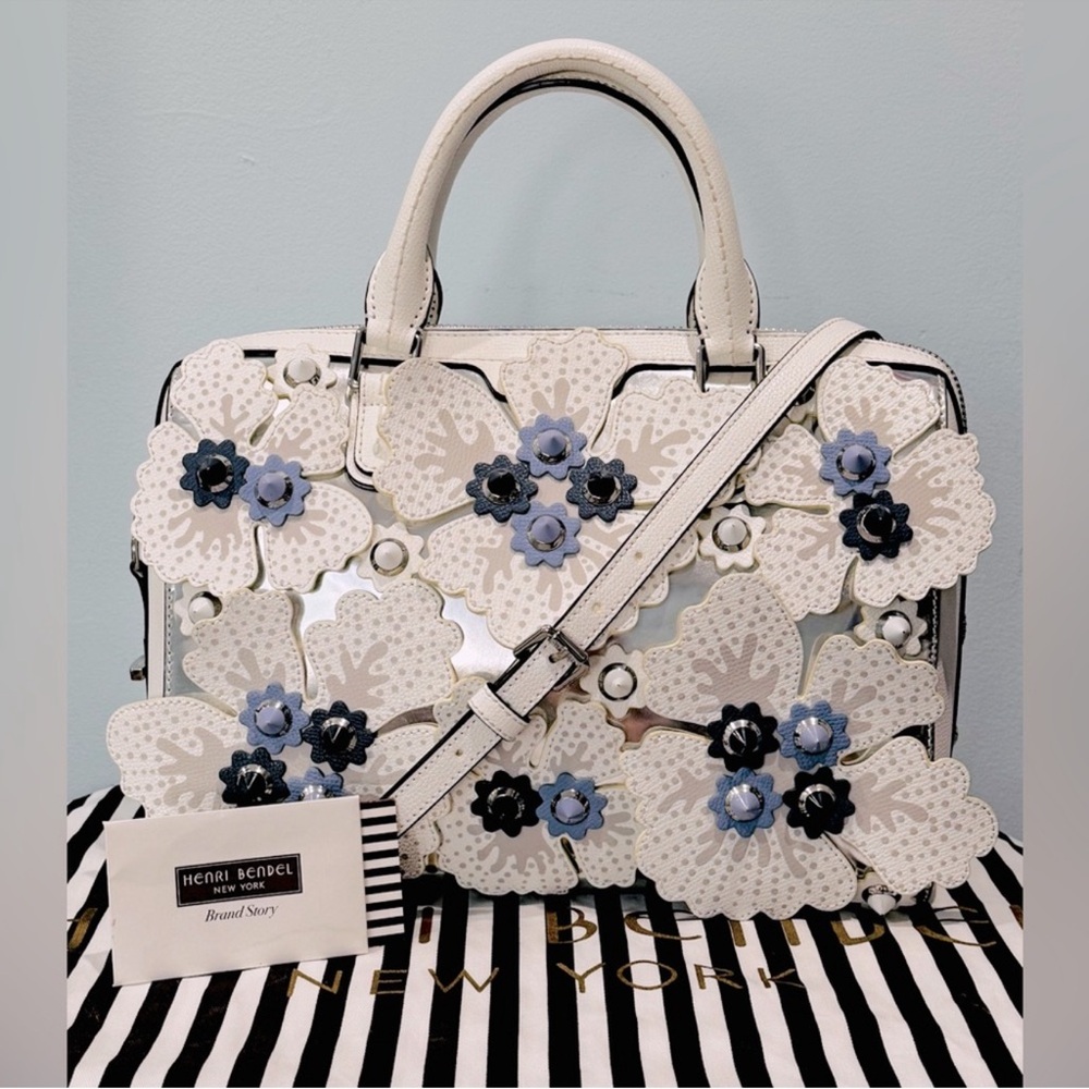 henri bendel West 57th barrel satchel / blue and grey floral w/ iridescent